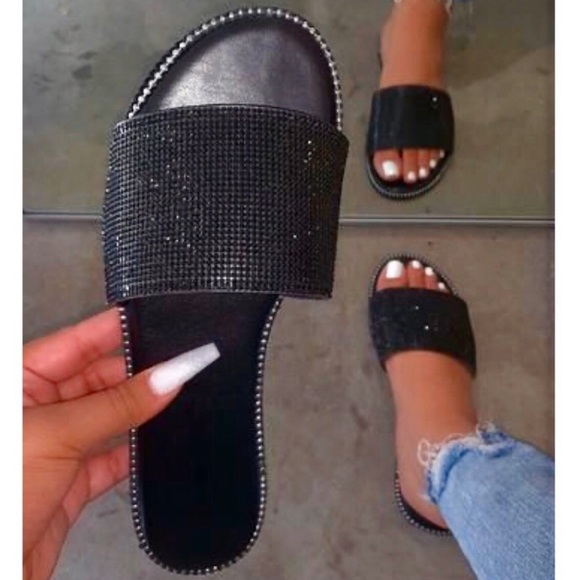 Black Rhinestone Band Slip On Flip Flop Sandals - Picture 3 of 9